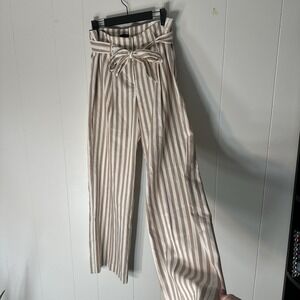 Ann Taylor White Tan Striped Wide Leg Pants Women's 6 High Rise Belted NWT